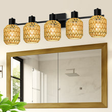 Load image into Gallery viewer, STASUN Bathroom Vanity Light, 5 Lights Boho Rattan Bathroom Lighting fixtures Over Mirror, Farmhouse Vanity Lighting Fixtures with 330° Adjustable Woven Lampshade, E26 Base (Bulbs Not Included)