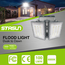 Load image into Gallery viewer, LED Flood Lights Outdoor, STASUN Max Series 100W 10000LM 6000K Dusk to Dawn Outdoor Lighting with Photocell, IP66 Waterproof, 2 Heads Adjustable Wide Outside Lighting for Parking Lot, Yard, Street, Stadium