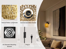Load image into Gallery viewer, CHICLUX Boho Rattan Plug in Wall Sconces, Farmhouse Wall Lamps Set of Two,Boho Rattan Sconces Wall Lighting Rustic with 330°Adjustable Lampshade Suitable for Living Room, Hallway(Bulbs Not Included)