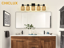 Load image into Gallery viewer, STASUN Bathroom Vanity Light, 5 Lights Boho Rattan Bathroom Lighting fixtures Over Mirror, Farmhouse Vanity Lighting Fixtures with 330° Adjustable Woven Lampshade, E26 Base (Bulbs Not Included)