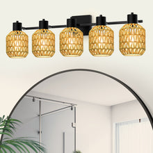 Load image into Gallery viewer, STASUN Bathroom Vanity Light, 5 Lights Boho Rattan Bathroom Lighting fixtures Over Mirror, Farmhouse Vanity Lighting Fixtures with 330° Adjustable Woven Lampshade, E26 Base (Bulbs Not Included)