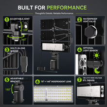 Load image into Gallery viewer, LED 300W Parking Lot Light, Outdoor Street Light, Optional Photocell 45,000LM, POLE MOUNT / WALL MOUNT, 2-Head Adjustable, 360° Rotation & 120° Tilt, Horizontal/Vertical Mount, IP66, 100–277V, ETL, Hardwired