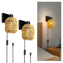 Load image into Gallery viewer, CHICLUX Boho Rattan Plug in Wall Sconces, Farmhouse Wall Lamps Set of Two,Boho Rattan Sconces Wall Lighting Rustic with 330°Adjustable Lampshade Suitable for Living Room, Hallway(Bulbs Not Included)