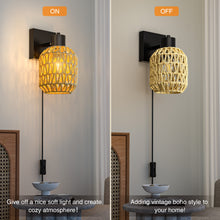 Load image into Gallery viewer, CHICLUX Boho Rattan Plug in Wall Sconces, Farmhouse Wall Lamps Set of Two,Boho Rattan Sconces Wall Lighting Rustic with 330°Adjustable Lampshade Suitable for Living Room, Hallway(Bulbs Not Included)