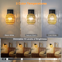 Load image into Gallery viewer, CHICLUX Rechargeable Battery Operated Sconces Set of Two with Remote, RGB 12 Colors Dimmable Rattan Boho Lights, Wireless Rustic Wall Lamp with 3 Timer, Farmhouse Rattan Wall Lighting for Bedroom