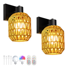Load image into Gallery viewer, CHICLUX Rechargeable Battery Operated Sconces Set of Two with Remote, RGB 12 Colors Dimmable Rattan Boho Lights, Wireless Rustic Wall Lamp with 3 Timer, Farmhouse Rattan Wall Lighting for Bedroom