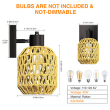 Load image into Gallery viewer, CHICLUX Boho Rattan Plug in Wall Sconces, Farmhouse Wall Lamps Set of Two,Boho Rattan Sconces Wall Lighting Rustic with 330°Adjustable Lampshade Suitable for Living Room, Hallway(Bulbs Not Included)