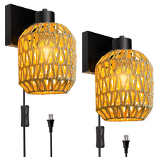 Load image into Gallery viewer, CHICLUX Boho Rattan Plug in Wall Sconces, Farmhouse Wall Lamps Set of Two,Boho Rattan Sconces Wall Lighting Rustic with 330°Adjustable Lampshade Suitable for Living Room, Hallway(Bulbs Not Included)