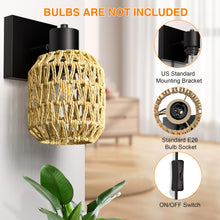 Load image into Gallery viewer, CHICLUX Boho Rattan Plug in Wall Sconces, Farmhouse Wall Lamps Set of Two,Boho Rattan Sconces Wall Lighting Rustic with 330°Adjustable Lampshade Suitable for Living Room, Hallway(Bulbs Not Included)