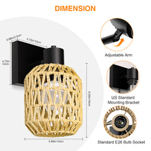 Load image into Gallery viewer, CHICLUX Rechargeable Battery Operated Sconces Set of Two with Remote, RGB 12 Colors Dimmable Rattan Boho Lights, Wireless Rustic Wall Lamp with 3 Timer, Farmhouse Rattan Wall Lighting for Bedroom