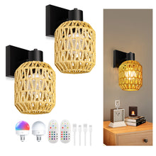 Load image into Gallery viewer, CHICLUX Rechargeable Battery Operated Sconces Set of Two with Remote, RGB 12 Colors Dimmable Rattan Boho Lights, Wireless Rustic Wall Lamp with 3 Timer, Farmhouse Rattan Wall Lighting for Bedroom