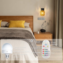 Load image into Gallery viewer, CHICLUX Rechargeable Battery Operated Sconces Set of Two with Remote, RGB 12 Colors Dimmable Rattan Boho Lights, Wireless Rustic Wall Lamp with 3 Timer, Farmhouse Rattan Wall Lighting for Bedroom