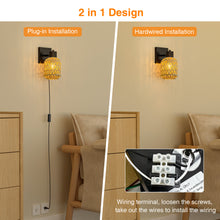 Load image into Gallery viewer, CHICLUX Boho Rattan Plug in Wall Sconces, Farmhouse Wall Lamps Set of Two,Boho Rattan Sconces Wall Lighting Rustic with 330°Adjustable Lampshade Suitable for Living Room, Hallway(Bulbs Not Included)