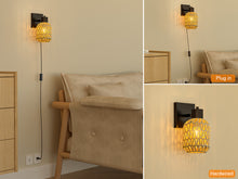 Load image into Gallery viewer, CHICLUX Boho Rattan Plug in Wall Sconces, Farmhouse Wall Lamps Set of Two,Boho Rattan Sconces Wall Lighting Rustic with 330°Adjustable Lampshade Suitable for Living Room, Hallway(Bulbs Not Included)
