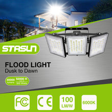 Load image into Gallery viewer, LED Flood Lights Outdoor, STASUN Max Series 300W 30000LM 6000K Dusk to Dawn Outdoor Lighting with Photocell, IP66 Waterproof, 3 Heads Adjustable Wide Outside Lighting for Parking Lot, Yard, Street, Stadium