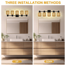 Load image into Gallery viewer, STASUN Bathroom Vanity Light, 5 Lights Boho Rattan Bathroom Lighting fixtures Over Mirror, Farmhouse Vanity Lighting Fixtures with 330° Adjustable Woven Lampshade, E26 Base (Bulbs Not Included)