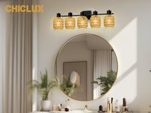 Load image into Gallery viewer, STASUN Bathroom Vanity Light, 5 Lights Boho Rattan Bathroom Lighting fixtures Over Mirror, Farmhouse Vanity Lighting Fixtures with 330° Adjustable Woven Lampshade, E26 Base (Bulbs Not Included)