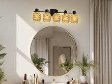 Load image into Gallery viewer, STASUN Bathroom Vanity Light, 5 Lights Boho Rattan Bathroom Lighting fixtures Over Mirror, Farmhouse Vanity Lighting Fixtures with 330° Adjustable Woven Lampshade, E26 Base (Bulbs Not Included)