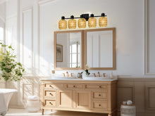 Load image into Gallery viewer, STASUN Bathroom Vanity Light, 5 Lights Boho Rattan Bathroom Lighting fixtures Over Mirror, Farmhouse Vanity Lighting Fixtures with 330° Adjustable Woven Lampshade, E26 Base (Bulbs Not Included)