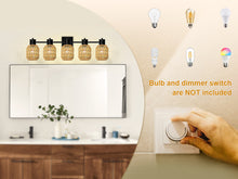 Load image into Gallery viewer, STASUN Bathroom Vanity Light, 5 Lights Boho Rattan Bathroom Lighting fixtures Over Mirror, Farmhouse Vanity Lighting Fixtures with 330° Adjustable Woven Lampshade, E26 Base (Bulbs Not Included)