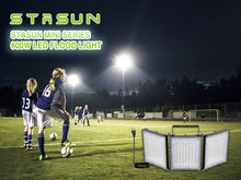 Load image into Gallery viewer, STASUN 600W LED Flood Light with Plug, Mini Series Stadium Light, 60000LM 6000K Daylight, IP66 Waterproof, 3 Adjustable Panel, Outdoor Sports Lighting for Basketball Court, Parking Lot, Baseball Field