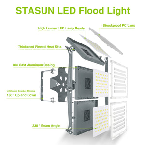 LED Flood Light Outdoor, STASUN 600W 60000lm 6000K Daylight White IP66 Waterproof, Stadium Lighting Commercial Parking Lot Light, Gray