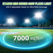 Load image into Gallery viewer, STASUN 600W LED Flood Light with Plug, Mini Series Stadium Light, 60000LM 6000K Daylight, IP66 Waterproof, 3 Adjustable Panel, Outdoor Sports Lighting for Basketball Court, Parking Lot, Baseball Field