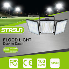 Load image into Gallery viewer, LED Flood Lights Outdoor, STASUN Max Series 750W 75000LM 6000K Dusk to Dawn Outdoor Lighting with Photocell, IP66 Waterproof, 3 Heads Adjustable Wide Outside Lighting for Parking Lot, Yard, Street, Stadium