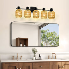 Load image into Gallery viewer, STASUN Bathroom Vanity Light, 5 Lights Boho Rattan Bathroom Lighting fixtures Over Mirror, Farmhouse Vanity Lighting Fixtures with 330° Adjustable Woven Lampshade, E26 Base (Bulbs Not Included)