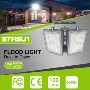 LED Flood Lights Outdoor, 100W 10000LM 6000K Dusk to Dawn Outdoor Lighting with Photocell, IP66 Waterproof, 2 Heads Adjustable Wide Outside Lighting for Parking Lot, Yard, Street, Stadium