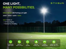 Load image into Gallery viewer, LED 500W Parking Lot Light, Outdoor Street Light, Optional Photocell 75,000LM, POLE MOUNT / WALL MOUNT, 2-Head Adjustable, 360° Rotation &amp; 120° Tilt, Horizontal/Vertical Mount, IP66, 100–277V, ETL, Hardwired
