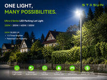 Load image into Gallery viewer, LED 200W Parking Lot Light, Outdoor Street Light, Optional Photocell 30,000LM, POLE MOUNT / WALL MOUNT, 2-Head Adjustable, 360° Rotation &amp; 120° Tilt, Horizontal/Vertical Mount, IP66, 100–277V, ETL, Hardwired
