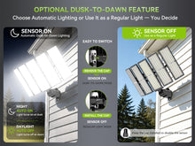 Load image into Gallery viewer, LED 500W Parking Lot Light, Outdoor Street Light, Optional Photocell 75,000LM, POLE MOUNT / WALL MOUNT, 2-Head Adjustable, 360° Rotation &amp; 120° Tilt, Horizontal/Vertical Mount, IP66, 100–277V, ETL, Hardwired
