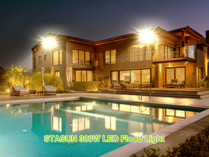 STASUN LED Flood Light Outdoor, 300W 30000lm 3000K Warm White IP66 Waterproof, Commercial Parking Lot Light,3 Heads for Yard Street Stadium House Floodlight Bright Security Lights for Outdoor Area