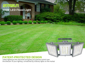 STASUN LED Flood Light Outdoor, 150W 15000lm 3000K Warm White IP66 Waterproof, Commercial Parking Lot Light,3 Heads for Yard Street Stadium House Floodlight Bright Security Lights for Outdoor Area