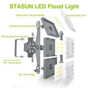 STASUN LED Flood Light Outdoor, 150W 15000lm 3000K Warm White IP66 Waterproof, Commercial Parking Lot Light,3 Heads for Yard Street Stadium House Floodlight Bright Security Lights for Outdoor Area