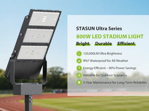 STASUN 800W LED Stadium Lights Outdoor – Ultra Series High Power, ETL Certified, 120000LM, 5000K Daylight, 60° Beam, 100-277V, IP67 Waterproof Flood Lights for Arena, Sports Field, Parking Lot