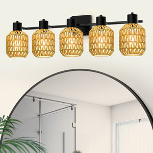 STASUN Bathroom Vanity Light, 5 Lights Boho Rattan Bathroom Lighting fixtures Over Mirror, Farmhouse Vanity Lighting Fixtures with 330° Adjustable Woven Lampshade, E26 Base (Bulbs Not Included)