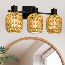 Load image into Gallery viewer, STASUN Bathroom Vanity Light, 3 Lights Boho Rattan Bathroom Lighting fixtures Over Mirror, Farmhouse Vanity Lighting Fixtures with 330° Adjustable Woven Lampshade, E26 Base (Bulbs Not Included)
