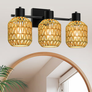 STASUN Bathroom Vanity Light, 3 Lights Boho Rattan Bathroom Lighting fixtures Over Mirror, Farmhouse Vanity Lighting Fixtures with 330° Adjustable Woven Lampshade, E26 Base (Bulbs Not Included)