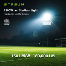 Load image into Gallery viewer, STASUN 1200W LED Stadium Lights Outdoor – Ultra Series High Power, ETL Certified, 180000LM, 5000K Daylight, 30° Beam, 100-277V, IP67 Waterproof Flood Lights for Arena, Sports Field, Parking Lot
