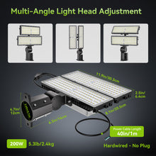 Load image into Gallery viewer, LED 200W Parking Lot Light, Outdoor Street Light, Optional Photocell 30,000LM, POLE MOUNT / WALL MOUNT, 2-Head Adjustable, 360° Rotation &amp; 120° Tilt, Horizontal/Vertical Mount, IP66, 100–277V, ETL, Hardwired
