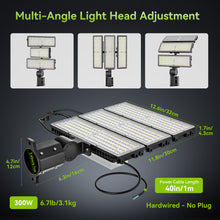Load image into Gallery viewer, LED 300W Parking Lot Light, Outdoor Street Light, Optional Photocell 45,000LM, POLE MOUNT / WALL MOUNT, 2-Head Adjustable, 360° Rotation &amp; 120° Tilt, Horizontal/Vertical Mount, IP66, 100–277V, ETL, Hardwired
