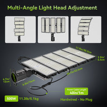 Load image into Gallery viewer, LED 500W Parking Lot Light, Outdoor Street Light, Optional Photocell 75,000LM, POLE MOUNT / WALL MOUNT, 2-Head Adjustable, 360° Rotation &amp; 120° Tilt, Horizontal/Vertical Mount, IP66, 100–277V, ETL, Hardwired
