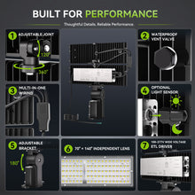 Load image into Gallery viewer, LED 200W Parking Lot Light, Outdoor Street Light, Optional Photocell 30,000LM, POLE MOUNT / WALL MOUNT, 2-Head Adjustable, 360° Rotation &amp; 120° Tilt, Horizontal/Vertical Mount, IP66, 100–277V, ETL, Hardwired
