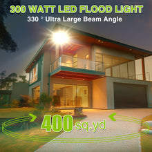 Load image into Gallery viewer, STASUN LED Flood Light Outdoor, 300W 30000lm 3000K Warm White IP66 Waterproof, Commercial Parking Lot Light,3 Heads for Yard Street Stadium House Floodlight Bright Security Lights for Outdoor Area
