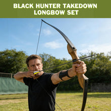 Load image into Gallery viewer, Black Hunter Longbow and Arrow Set, GLURAK 62'' Traditional Wooden Takedown Longbows Package, Archery Bow Kit for Target Practice and Hunting, Right Hand, 25-55 Lbs
