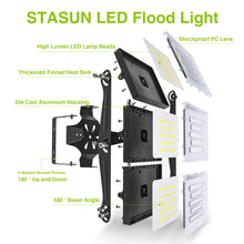 Load image into Gallery viewer, STASUN LED Flood Light Outdoor, 300W 30000lm 3000K Warm White IP66 Waterproof, Commercial Parking Lot Light,3 Heads for Yard Street Stadium House Floodlight Bright Security Lights for Outdoor Area
