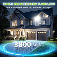 Load image into Gallery viewer, STASUN 300W LED Flood Light with Plug, Mini Series Outdoor Floodlight, 30000LM 6000K Daylight White, IP66 Waterproof, 3 Adjustable Heads, Exterior Flood Lights for Backyard, Driveway, Garage, Barn
