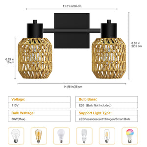 STASUN 2 Lights Farmhouse Vanity Light, Rattan bathroom lighting fixtures Over Mirror, Bathroom Vanity Light with 330°Adjustable Lampshade, Suitable for Mirror, Hallway, Porch, E26 Base (Bulbs Not Included)